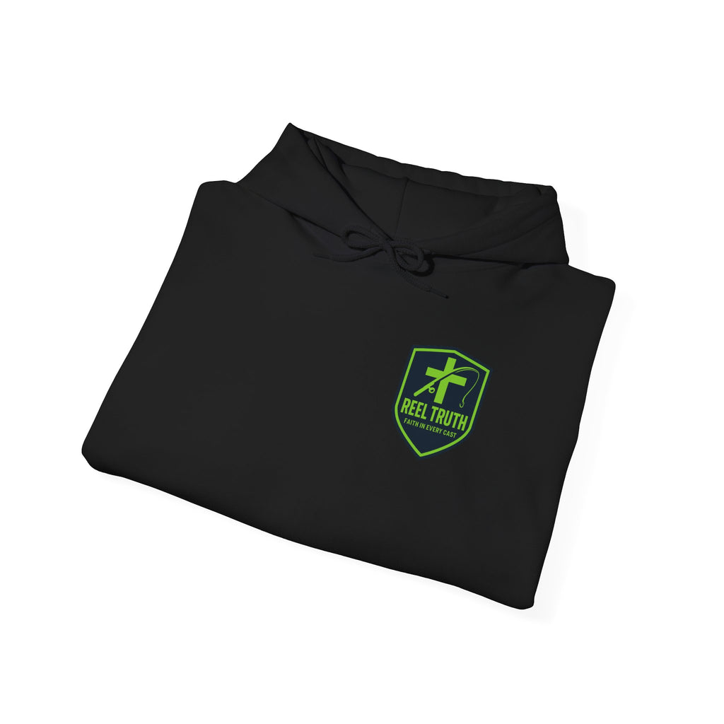 Reel Truth Fishing Shield Hoodie — Green Logo Pullover
