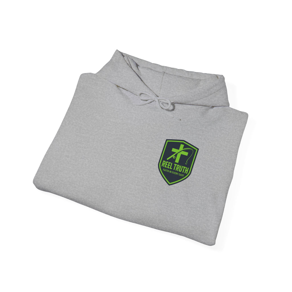Reel Truth Fishing Shield Hoodie — Green Logo Pullover