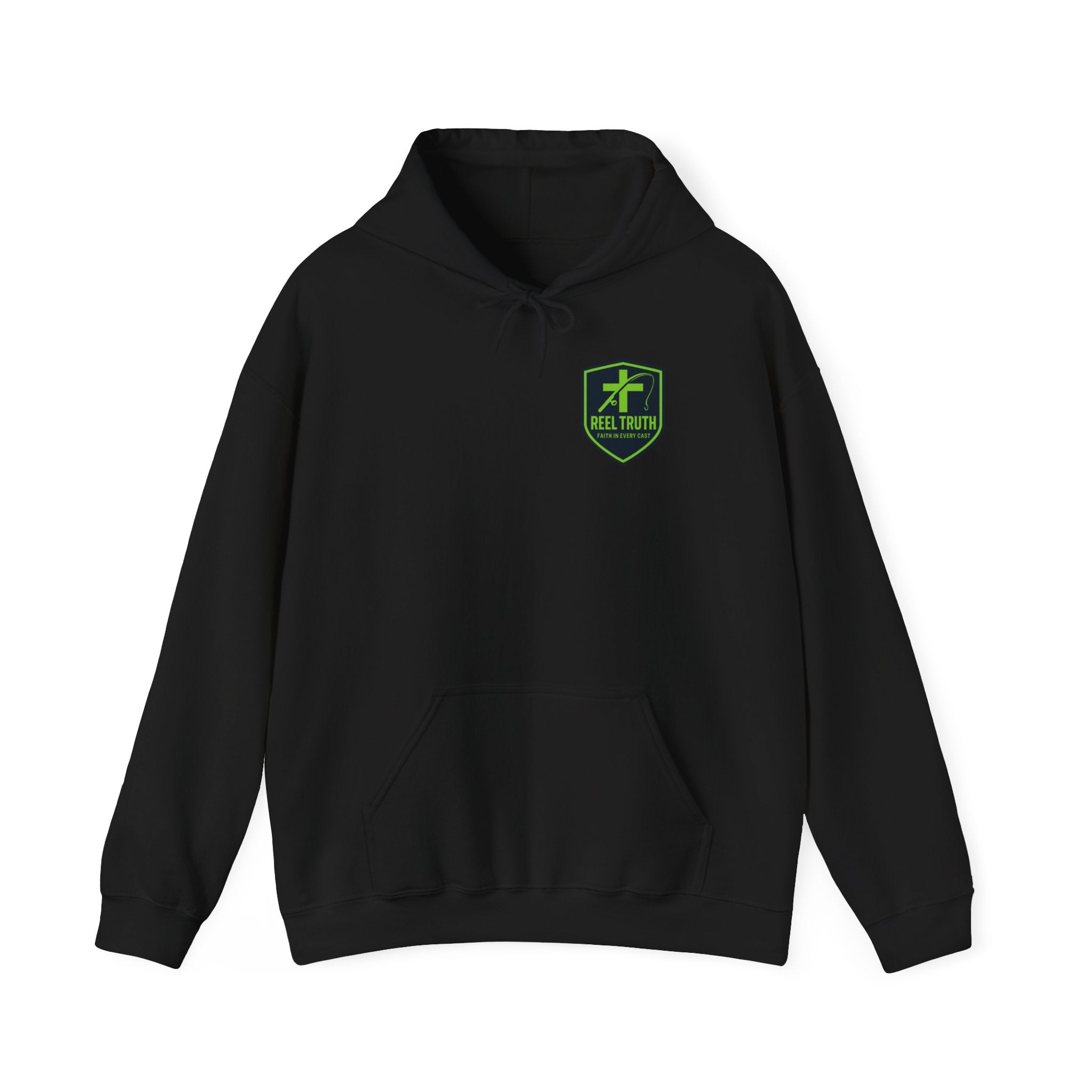 Reel Truth Fishing Shield Hoodie — Green Logo Pullover