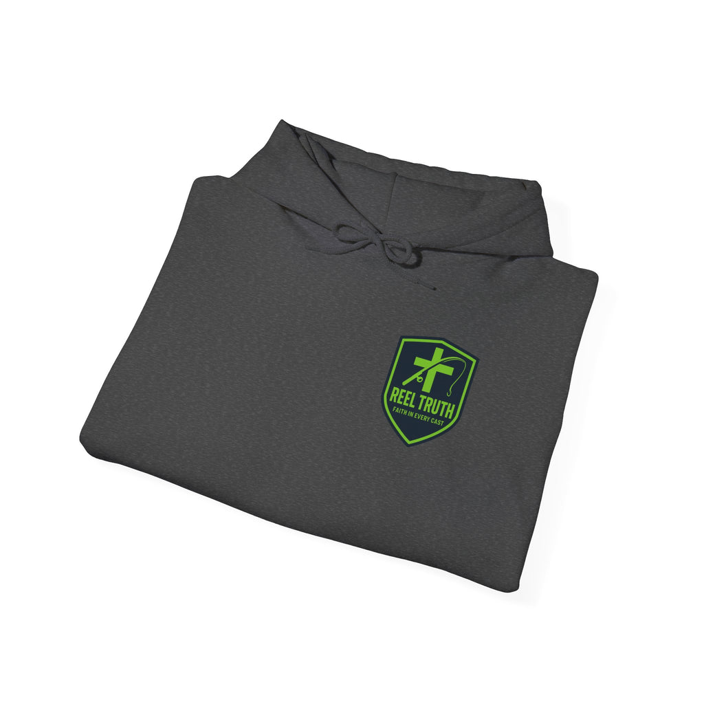 Reel Truth Fishing Shield Hoodie — Green Logo Pullover