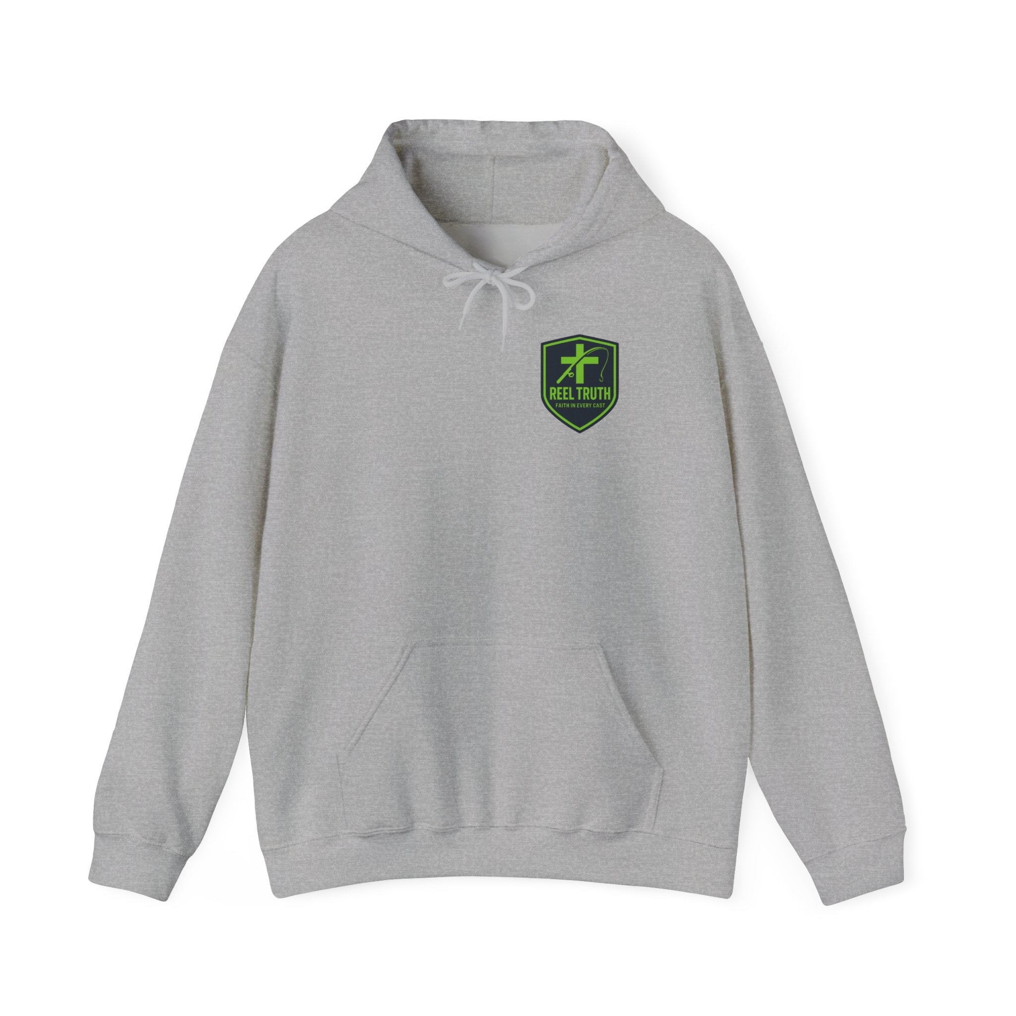 Reel Truth Fishing Shield Hoodie — Green Logo Pullover