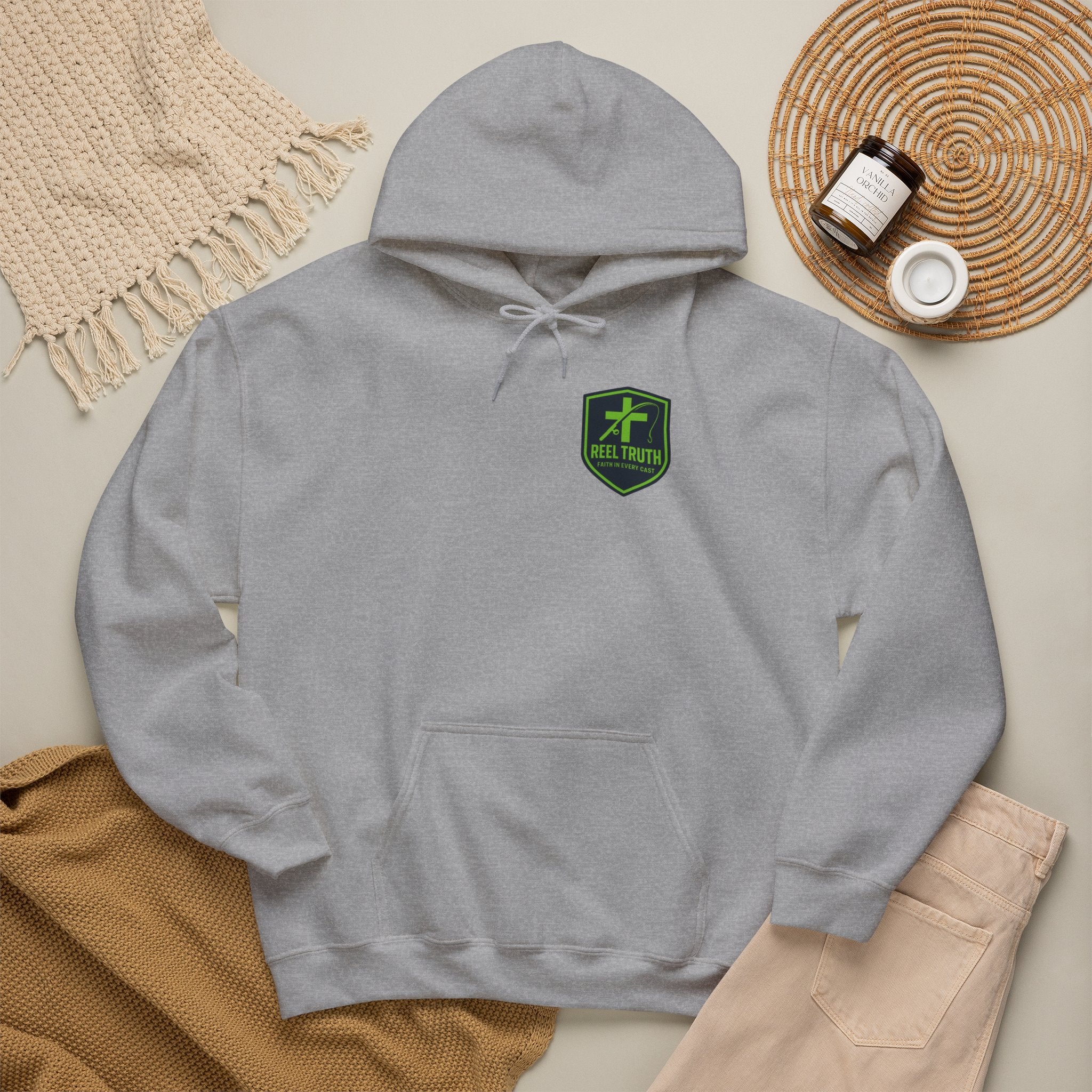 Reel Truth Fishing Shield Hoodie — Green Logo Pullover