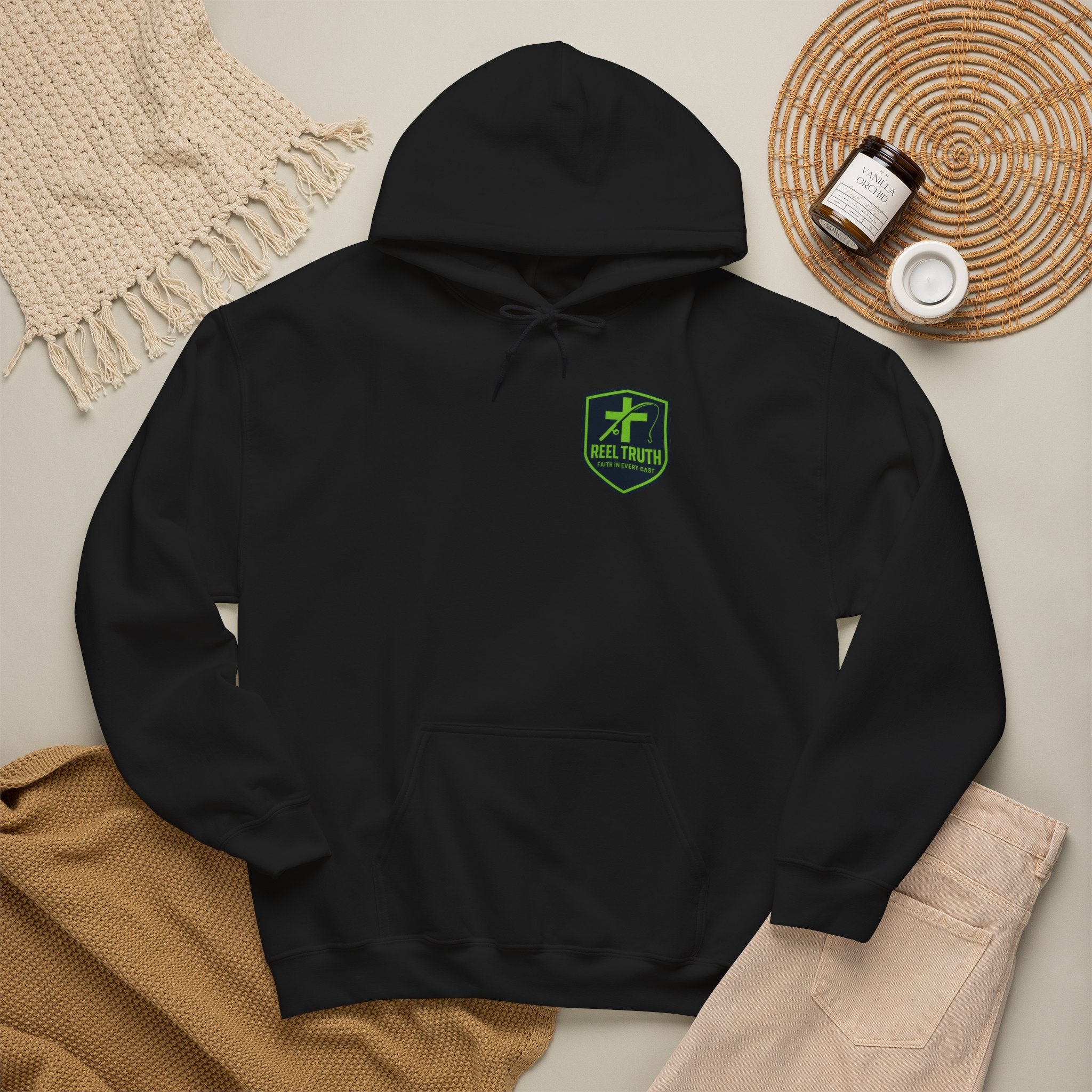 Reel Truth Fishing Shield Hoodie — Green Logo Pullover