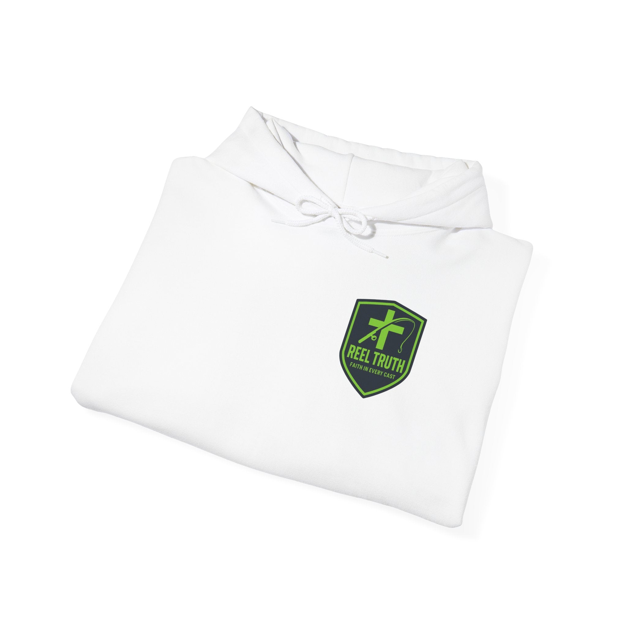 Reel Truth Fishing Shield Hoodie — Green Logo Pullover