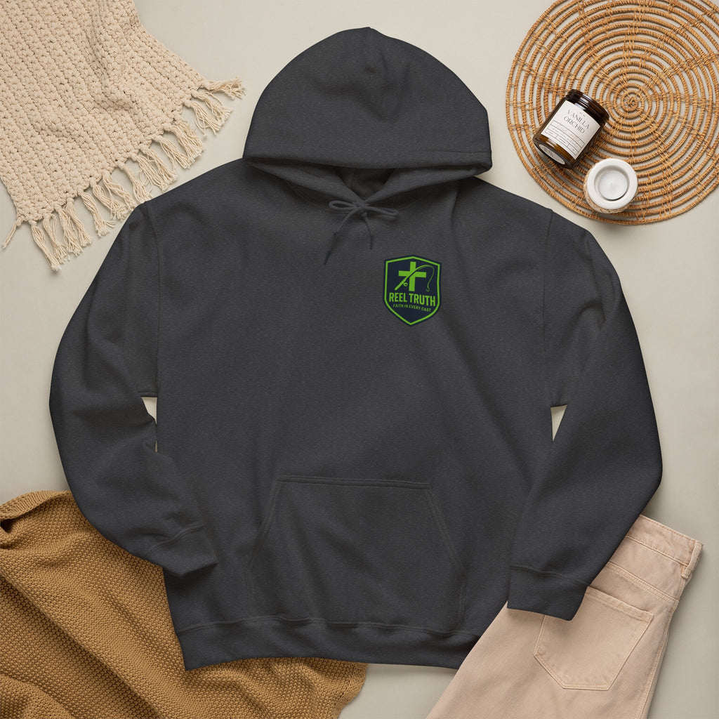 Reel Truth Fishing Shield Hoodie — Green Logo Pullover