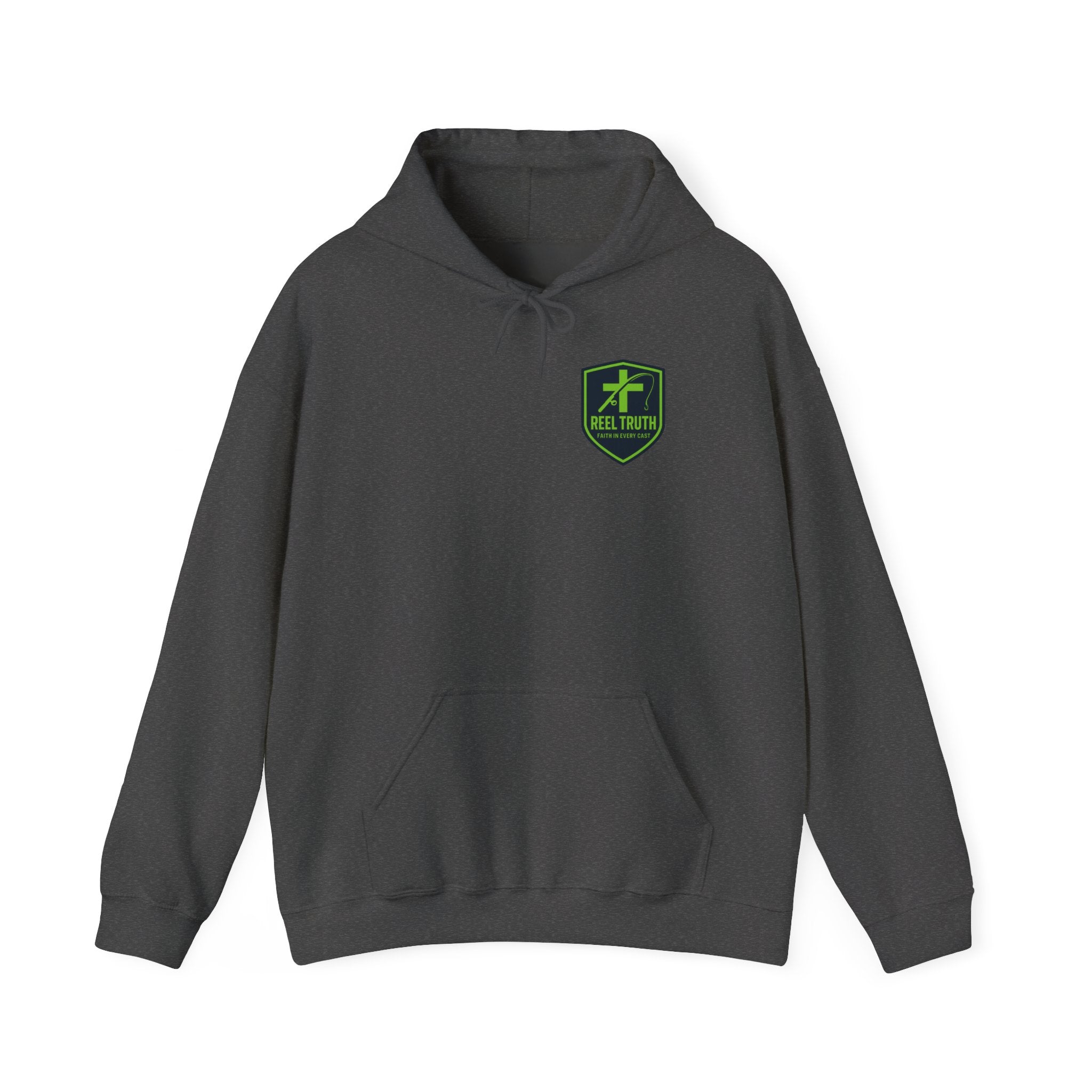 Reel Truth Fishing Shield Hoodie — Green Logo Pullover